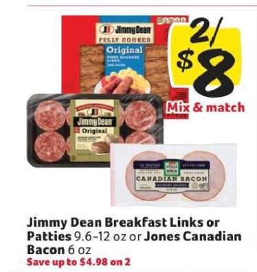 Jimmy Dean Breakfast Links or Patties or Jones Canadian Bacon