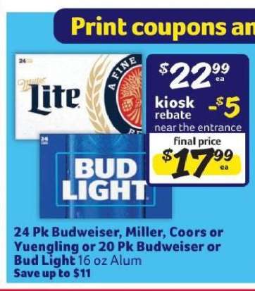 24 Pk Budweiser, Miller, Coors or Yuengling or 20 Pk Budweiser or Bud Light