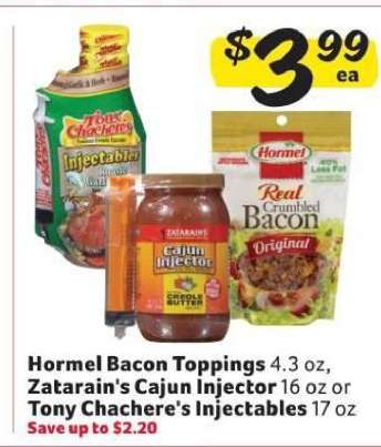 Hormel Bacon Toppings, Zatarain's Cajun Injector, Tony Chachere's Injectables