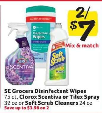 SE Grocers Disinfectant Wipes, Clorox Scentiva or Tilex Spray, Soft Scrub Cleaners