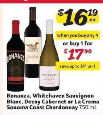 Bonanza, Whitehaven Sauvignon Blanc, Decoy Cabernet or La Crema Sonoma Coast Chardonnay