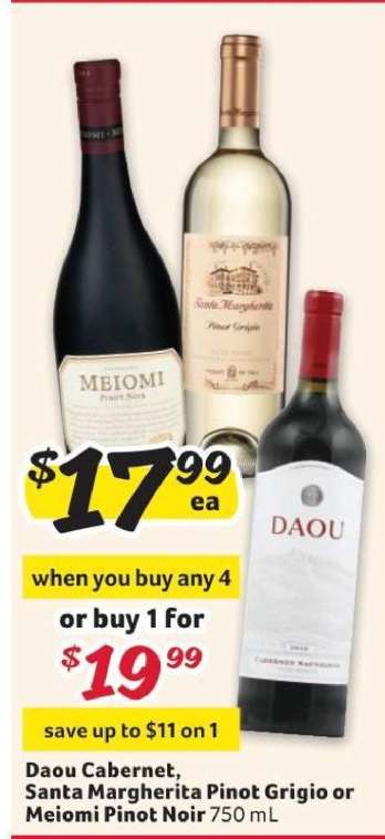 Daou Cabernet, Santa Margherita Pinot Grigio or Meiomi Pinot Noir