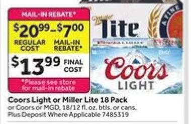 Coors Light or Miller Lite 18 Pack