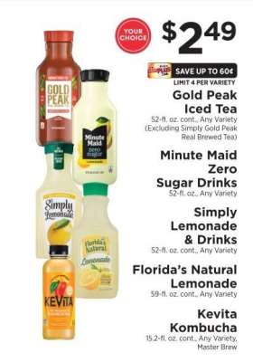 Gold Peak Iced Tea, Minute Maid Zero Sugar Drinks, Simply Lemonade & Drinks, Florida’s Natural Lemonade, Kevita Kombucha