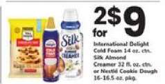International Delight Cold Foam, Silk Almond Creamer, or Nestlé Cookie Dough