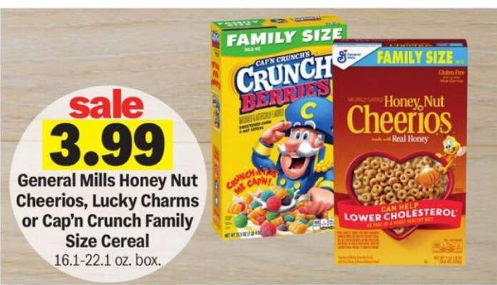 General Mills Honey Nut Cheerios, Lucky Charms or Cap’n Crunch Family Size Cereal