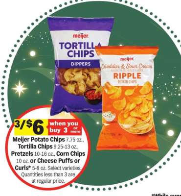Meijer Potato Chips, Tortilla Chips, Pretzels, Corn Chips, Cheese Puffs or Curls