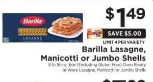 Barilla Lasagne, Manicotti or Jumbo Shells