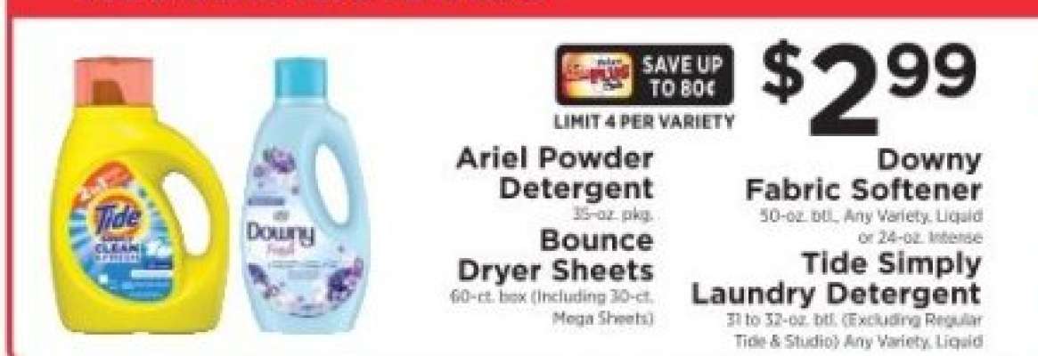 Ariel Powder Detergent, Bounce Dryer Sheets, Downy Fabric Softener, Tide Simply Laundry Detergent