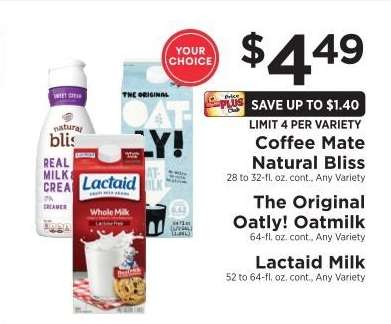 Coffee Mate Natural Bliss, The Original Oatly! Oatmilk, Lactaid Milk