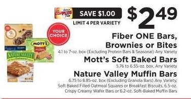 Fiber ONE Bars, Brownies or Bites / Mott’s Soft Baked Bars / Nature Valley Muffin Bars