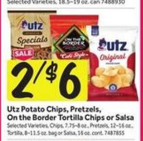 Utz Potato Chips, Pretzels, On the Border Tortilla Chips or Salsa