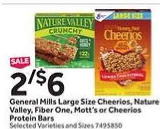 General Mills Large Size Cheerios, Nature Valley, Fiber One, Mott's or Cheerios Protein Bars
