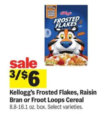 Kellogg’s Frosted Flakes, Raisin Bran or Froot Loops Cereal