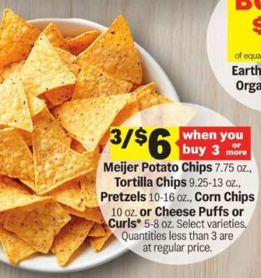 Meijer Potato Chips, Tortilla Chips, Pretzels, Corn Chips, Cheese Puffs or Curls
