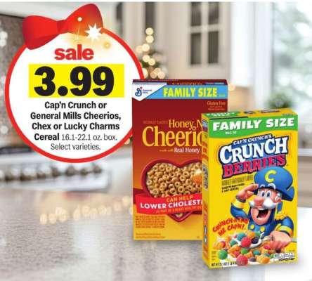 Cap'n Crunch or General Mills Cheerios, Chex or Lucky Charms Cereal
