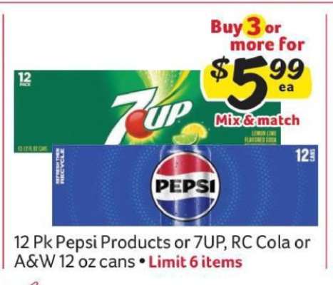 12 Pk Pepsi Products or 7UP, RC Cola or A&W 12 oz cans
