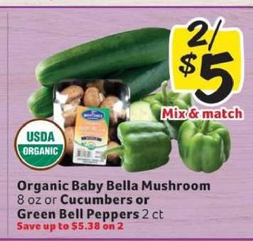 Organic Baby Bella Mushroom or Cucumbers or Green Bell Peppers