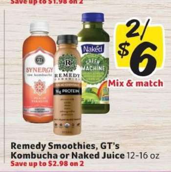 Remedy Smoothies, GT's Kombucha or Naked Juice