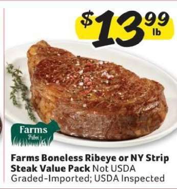 Farms Boneless Ribeye or NY Strip Steak Value Pack