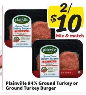 Plainville 94% Ground Turkey or Ground Turkey Burger