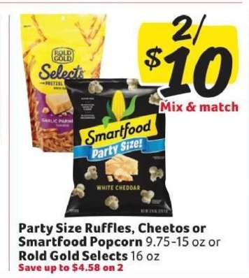 Party Size Ruffles, Cheetos or SmartFood Popcorn or Rold Gold Selects
