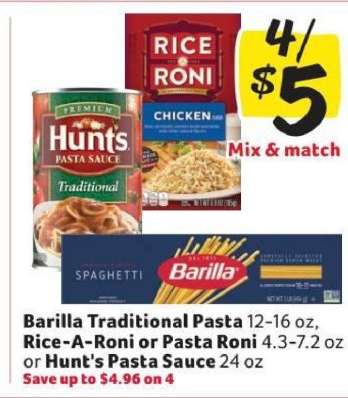 Barilla Traditional Pasta, Rice-A-Roni or Pasta Roni, Hunt's Pasta Sauce