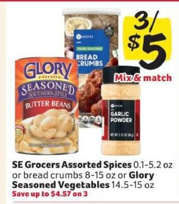 SE Grocers Assorted Spices or Bread Crumbs or Glory Seasoned Vegetables