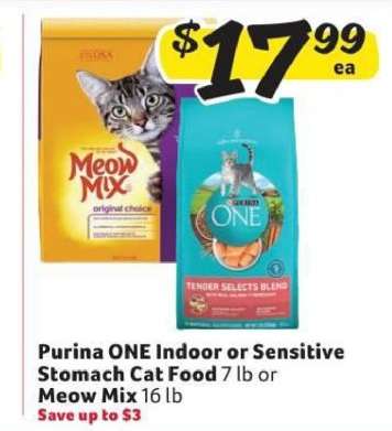 Purina ONE Indoor or Sensitive Stomach Cat Food or Meow Mix