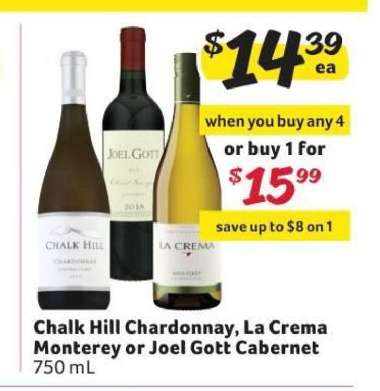 Chalk Hill Chardonnay, La Crema Monterey or Joel Gott Cabernet