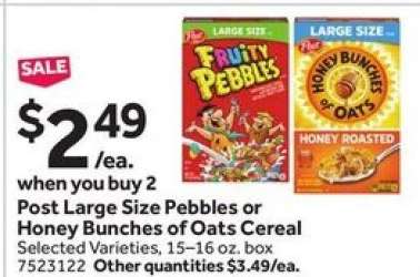 Post Large Size Pebbles or Honey Bunches of Oats Cereal