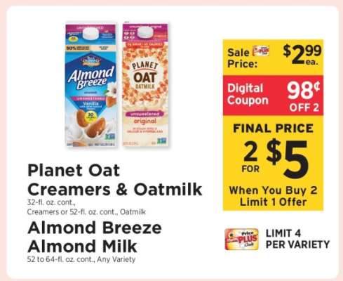 Planet Oat Creamers & Oatmilk, Almond Breeze Almond Milk
