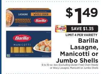 Barilla Lasagne, Manicotti or Jumbo Shells