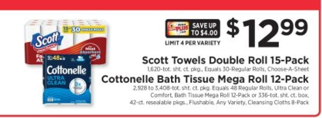 Scott Towels Double Roll 15-Pack / Cottonelle Bath Tissue Mega Roll 12-Pack