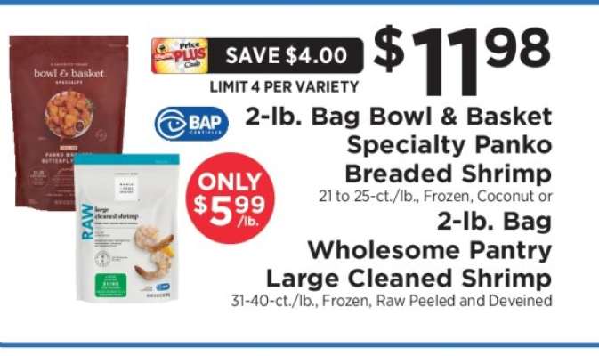 2-lb. Bag Bowl & Basket Specialty Panko Breaded Shrimp or 2-lb. Bag Wholesome Pantry Large Cleaned Shrimp