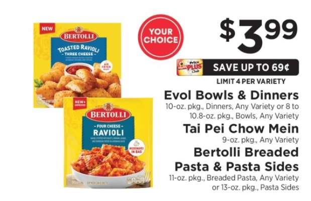 Evol Bowls & Dinners, Tai Pei Chow Mein, Bertolli Breaded Pasta & Pasta Sides