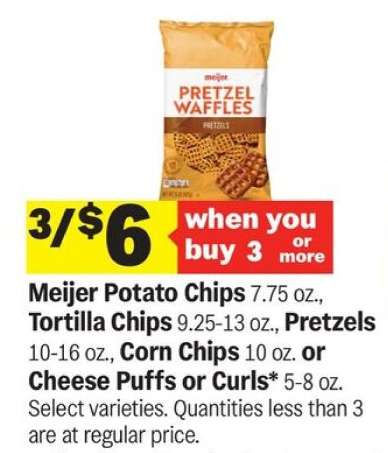 Meijer Potato Chips, Tortilla Chips, Pretzels, Corn Chips, Cheese Puffs or Curls