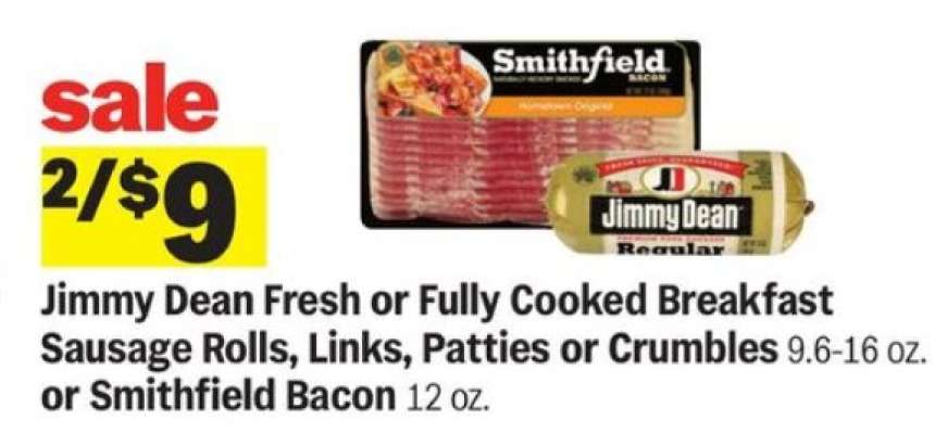 Jimmy Dean Fresh or Fully Cooked Breakfast Sausage Rolls, Links, Patties or Crumbles or Smithfield Bacon