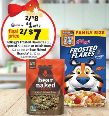 Kellogg's Frosted Flakes, Special K, Raisin Bran, Bear Naked Granola
