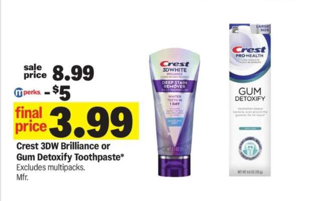 Crest 3DW Brilliance or Gum Detoxify Toothpaste