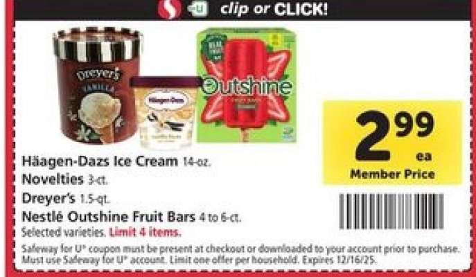 Häagen-Dazs Ice Cream, Novelties, Dreyer's, Nestlé Outshine Fruit Bars