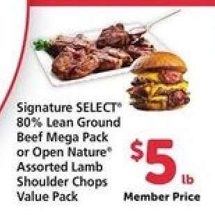 Signature SELECT 80% Lean Ground Beef Mega Pack or Open Nature Assorted Lamb Shoulder Chops Value Pack