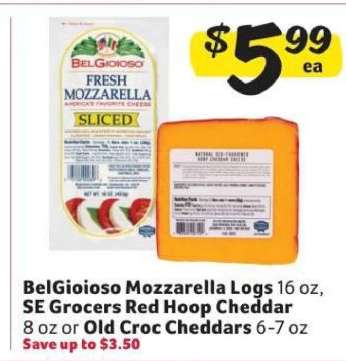 BelGioioso Mozzarella Logs, SE Grocers Red Hoop Cheddar, Old Croc Cheddars