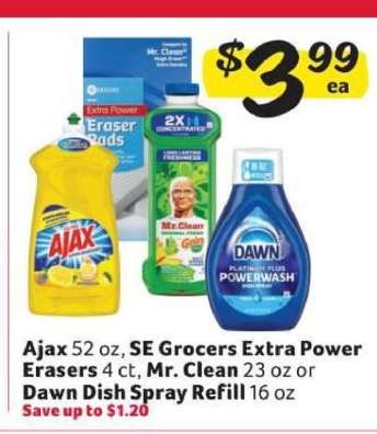 Ajax, SE Grocers Extra Power Erasers, Mr. Clean, Dawn Dish Spray Refill