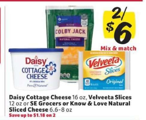 Daisy Cottage Cheese, Velveeta Slices, SE Grocers or Know & Love Natural Sliced Cheese