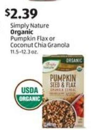 Simply Nature Organic Pumpkin Flax or Coconut Chia Granola
