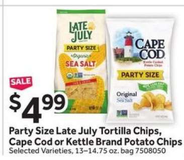 Party Size Late July Tortilla Chips, Cape Cod or Kettle Brand Potato Chips