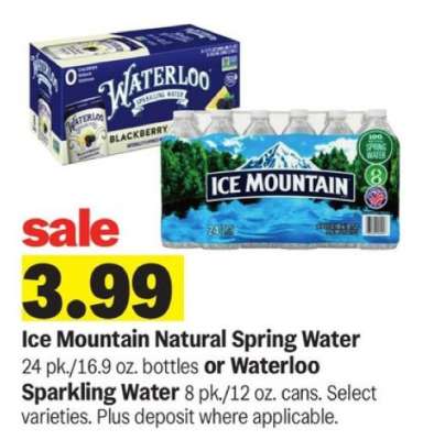 Ice Mountain Natural Spring Water or Waterloo Sparkling Water