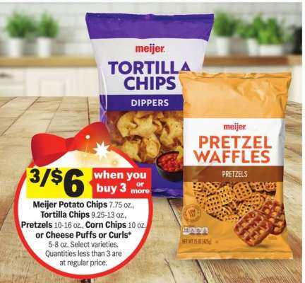 Meijer Potato Chips, Tortilla Chips, Pretzels, Corn Chips, Cheese Puffs or Curls