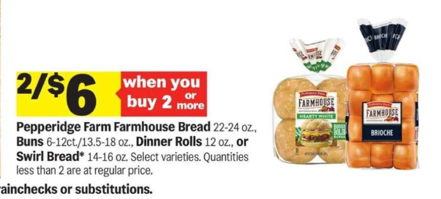 Pepperidge Farm Farmhouse Bread, Buns, Dinner Rolls, or Swirl Bread